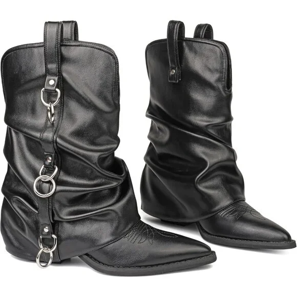 Women Retro Black Rubber Chunky Heels Mid Calf Western Boots Vintage Retro - Picture 6 of 8